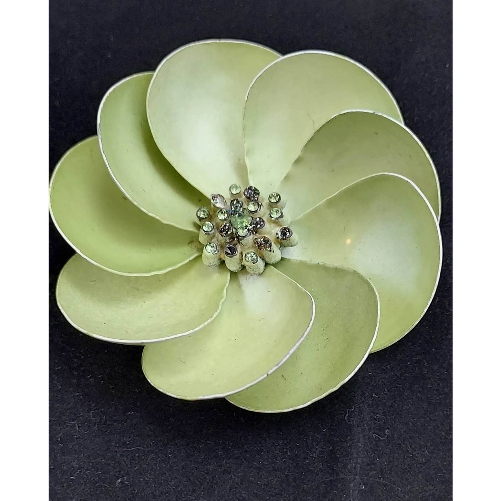 Vintage Retro 60s Green Flower Metal Enamel Pin/Brooch w/ Rhinestones